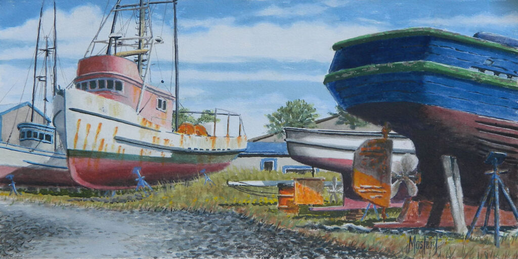 Boatyard Buddies VI,Original Oil, 7.5x15 Image-12x20 Frame, $ 450