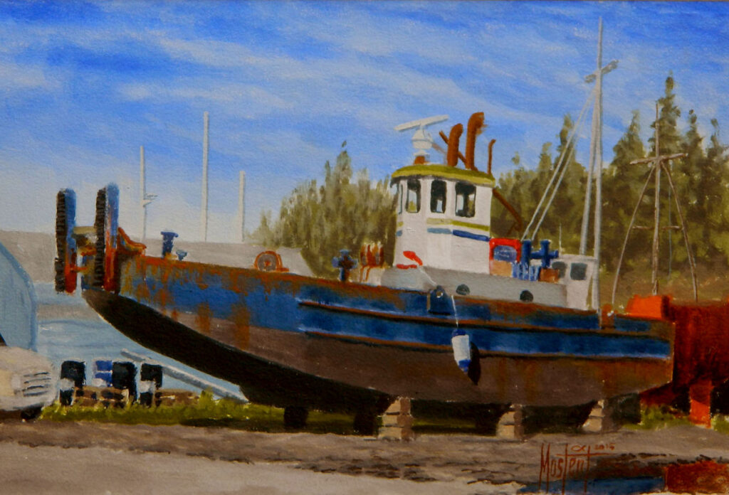 Boatyard Tug, Original Oil, 7.5x15 Image-12x20 Frame, $500