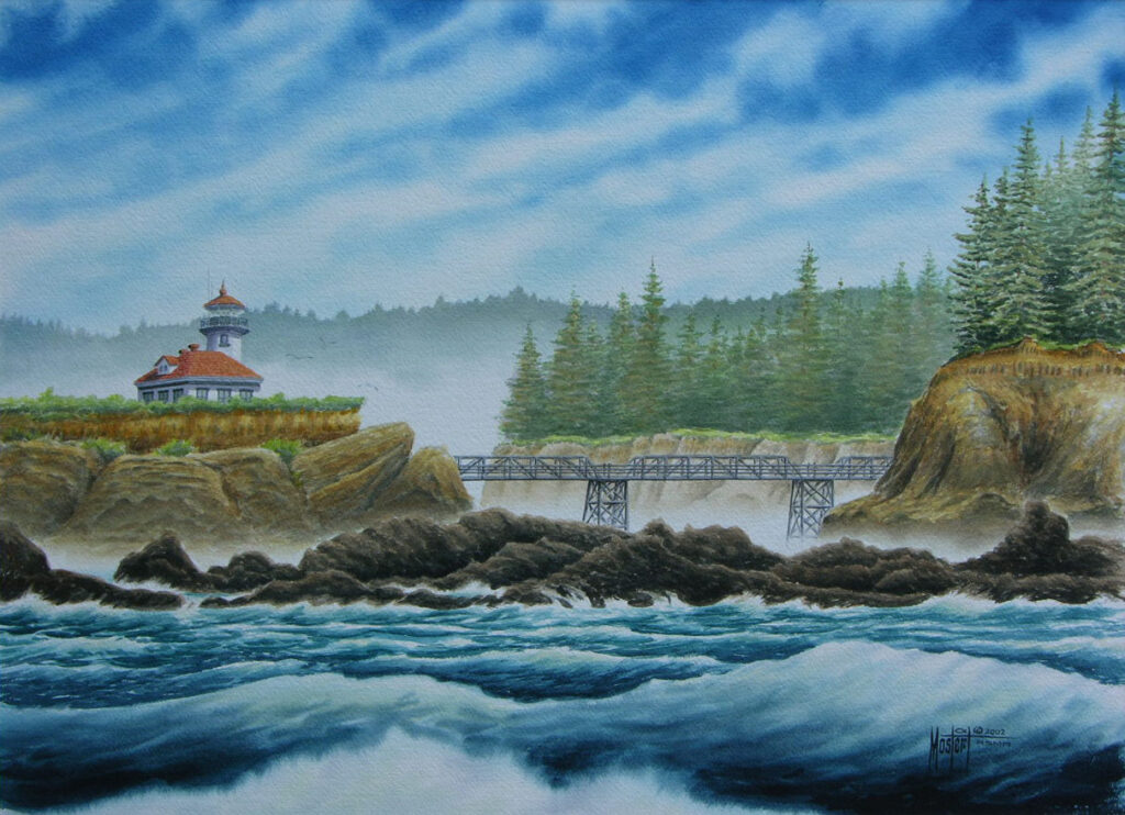 Cape Arago Lighthouse View III, Original Watercolor, 20x29 Image-32x40 Frame, $3650