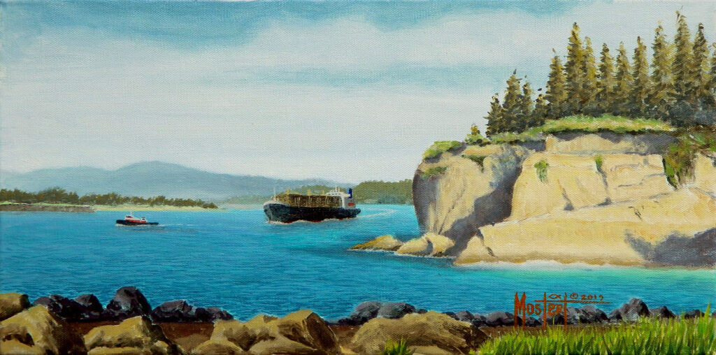 Departing Coos Bay, Original Oil, 10x20 Image-16x26 Frame, $700