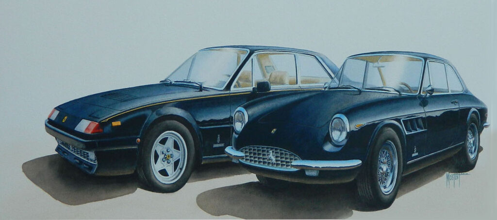 Dr. M.'s Ferraris, Original Watercolor, 15x30, Sold