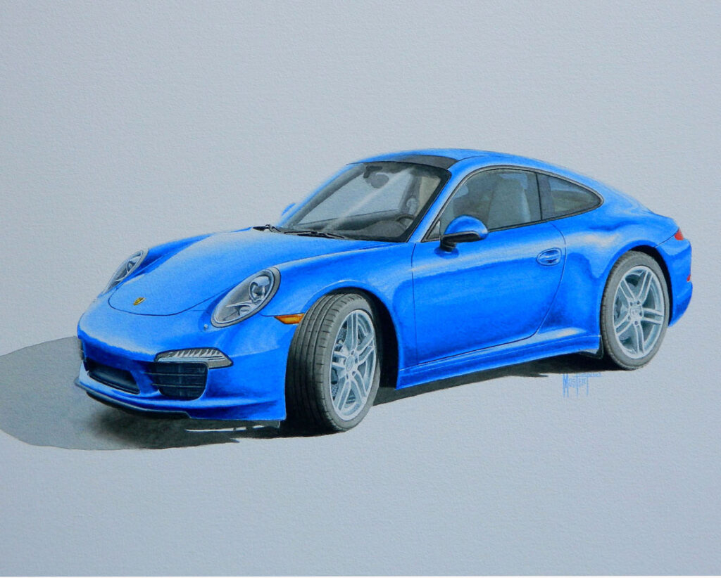 Dr. M's 2014 Porsche, Original Watercolor, 22x30 image, 24x32 framed, SOLD