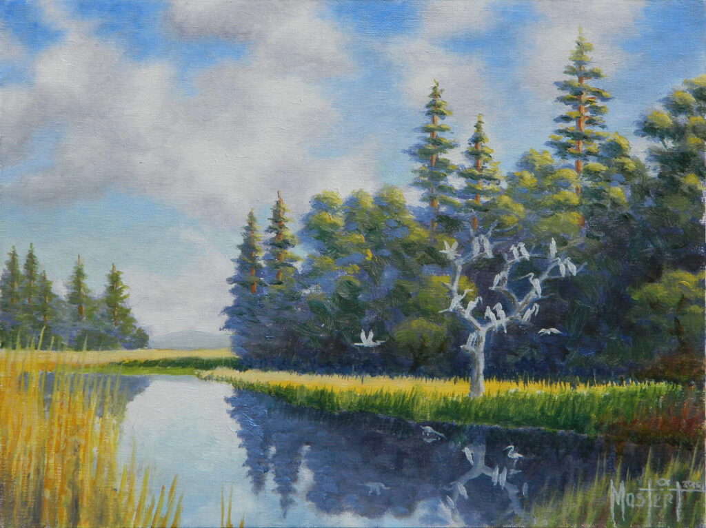 Egrets Roost, Original Oil on Linen, 9x12 Image-12x16 Frame, $ 750