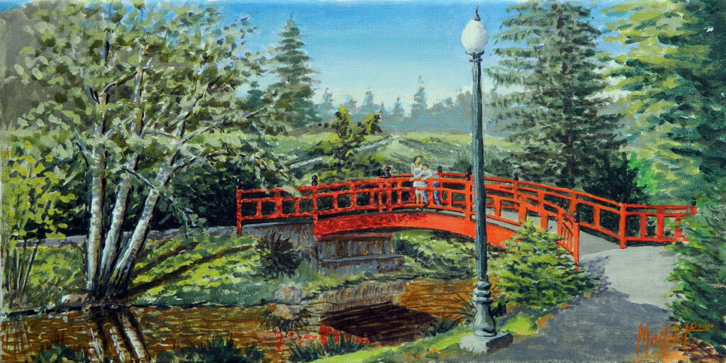 Mingus Park Bridge, Original Oil, 10x20 Image-16x26 Frame, $750