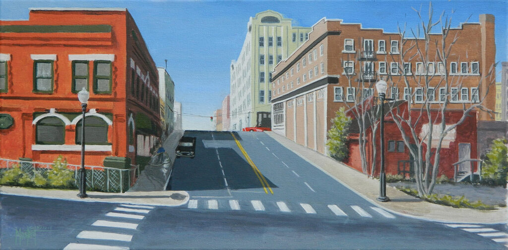 North Bend Sunday Morning Sidewalk, Original Oil, 12x24 Image-18x30 Frame, $850