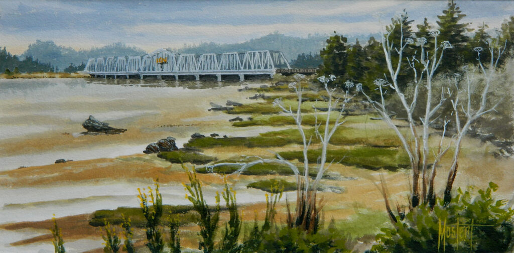 RR Bridge - North Bend, OR, Original Oil, 7.5x15 Image-12x20 Frame, $450