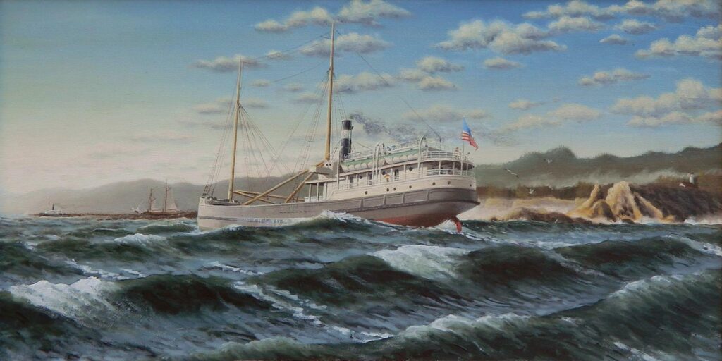 Steam Schooner Wapama Rounding Gregory Point, Original Oil, 15x30 Image-23x38 Frame, $ 3200