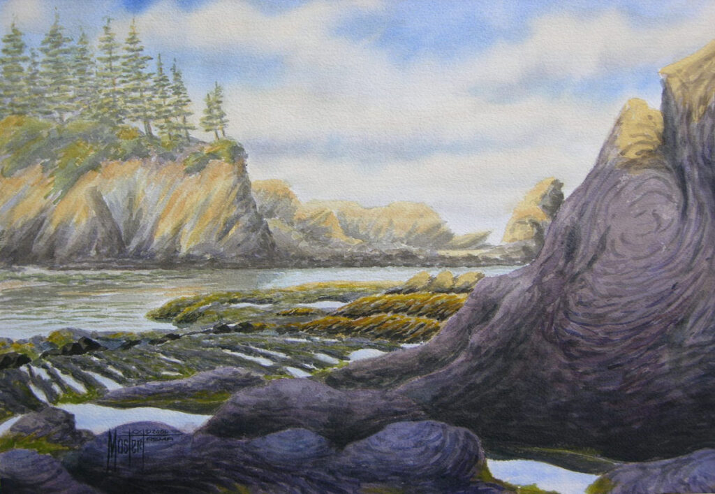 Sunset Bay-Looking South, Original Watercolor, 14x20 Image-20x26 Frame, $900