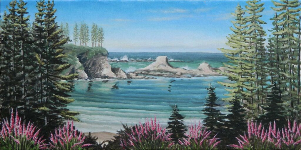 Sunset Bay Overlook, Original Oil, 15x30 Image-21x36 Frame, $975