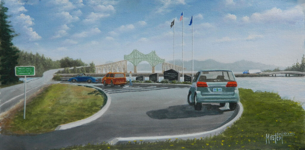 Veterans Memorial, North Bend, OR Original Oil, 7.5x15 Image-12x20 Frame, $400