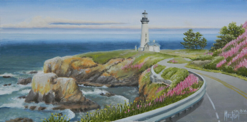 Yaquina Head Lighthouse View II, Original Oil, 10x20 Image-16x26 Frame, $750