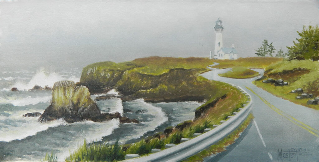 Yaquina Lighthouse View II, Original Oil, 7.5x15 Image-12x20 Frame, $500